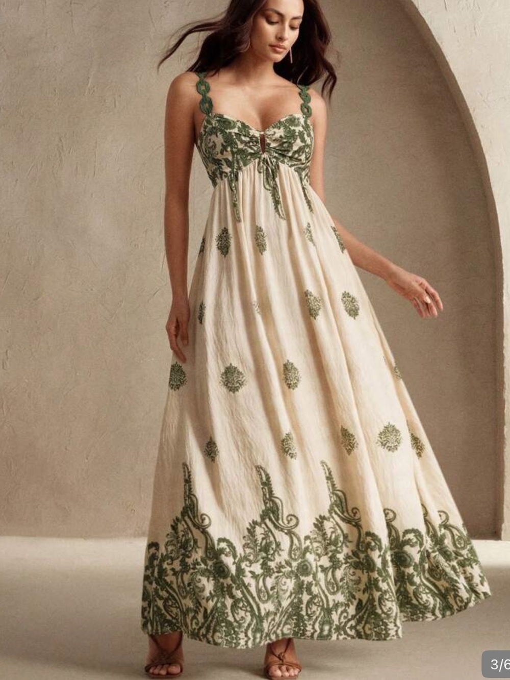 Cream & Olive Embroidered Maxi Dress